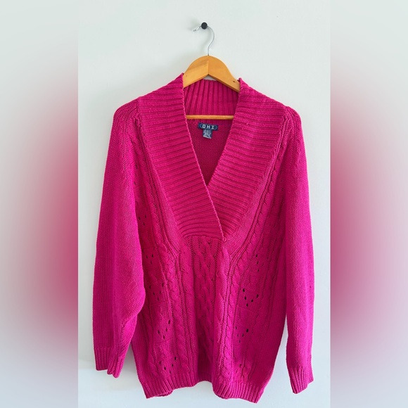Oh Sweaters - OHI Vintage Y2K Cable Knit Sweater Pink Deep V Neck Fit Sleeves slouchy style M